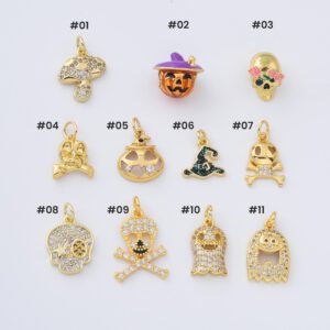 Gold Filled Halloween Charms Set, Pumpkin Skull Ghost Witch Hat Mushroom Pave Enamel Charms for DIY Necklace Bracelet Jewelry Making, Lot009