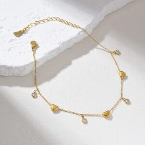 Gold Filled Heart Anklet with CZ Charm, Dainty Adjustable Chain Bracelet for Women, Minimalist Sparkly Ankle Jewelry Gift for Her, AL035