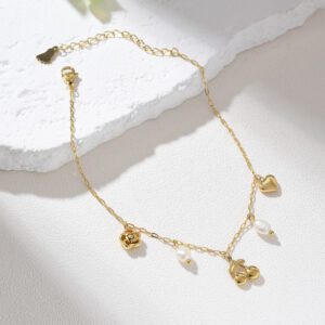 Gold Filled Anklet with Pearl, Heart, Rose and Cherry Charms, Adjustable Chain Bracelet, Cute Gold Ankle Jewelry Gift for Women, AL036