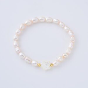 Gold Filled Freshwater Pearl Bracelet with Carved Rose Bead, Dainty Stretch Beaded Bracelet for Women, Handmade Jewelry Gift for Her, BR102