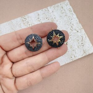 Gold Filled CZ Starburst Connector, Black Pave Round Charm Link for Bracelet Necklace Jewelry Making, Celestial Jewelry Connector, CN147