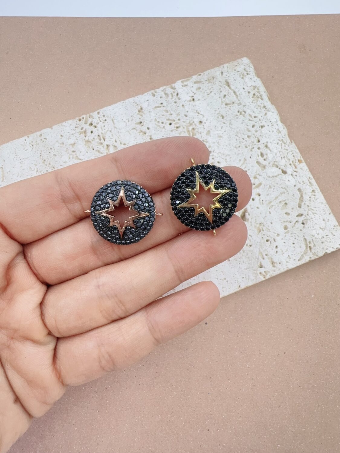 Gold Filled CZ Starburst Connector, Black Pave Round Charm Link for Bracelet Necklace Jewelry Making, Celestial Jewelry Connector, CN147