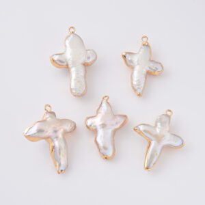 Cross Freshwater Pearl Charm, Gold Filled Irregular Pendant for DIY Necklace Bracelet Jewelry Making, Natural Pearl Religious Charm, CP2327