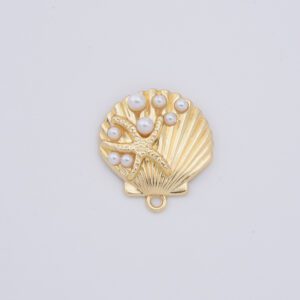 Gold Filled Seashell Pendant with Pearl and Starfish, Ocean Beach Charm for DIY Necklace Bracelet Earrings Jewelry Making Supplies, CP2331