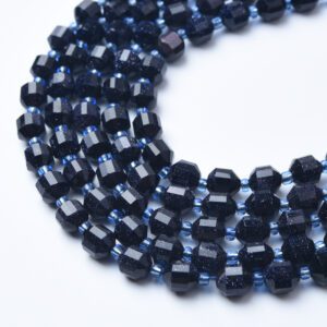 Blue Sandstone Faceted Bead Strand, Sparkling Navy Goldstone Beads, 6.5mm Faceted Round Prism Gemstone Beads, Jewelry Making Supplies GRN600