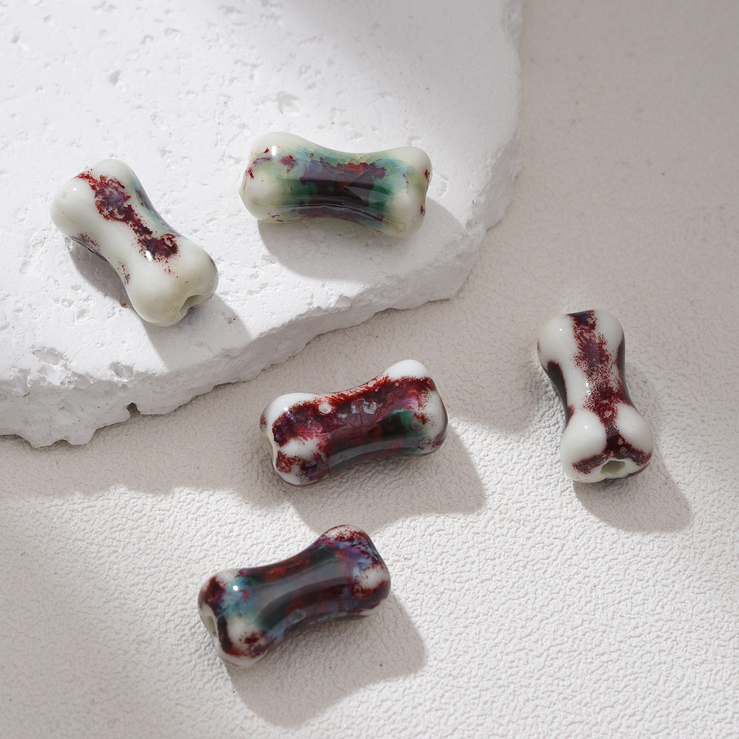 Dog Bone Ceramic Beads for Jewelry Making Hand-Painted Pottery Beads, Bone Spacer Beads, DIY Earring & Bracelet Supplies 15-6mm ORG245 - Image 9