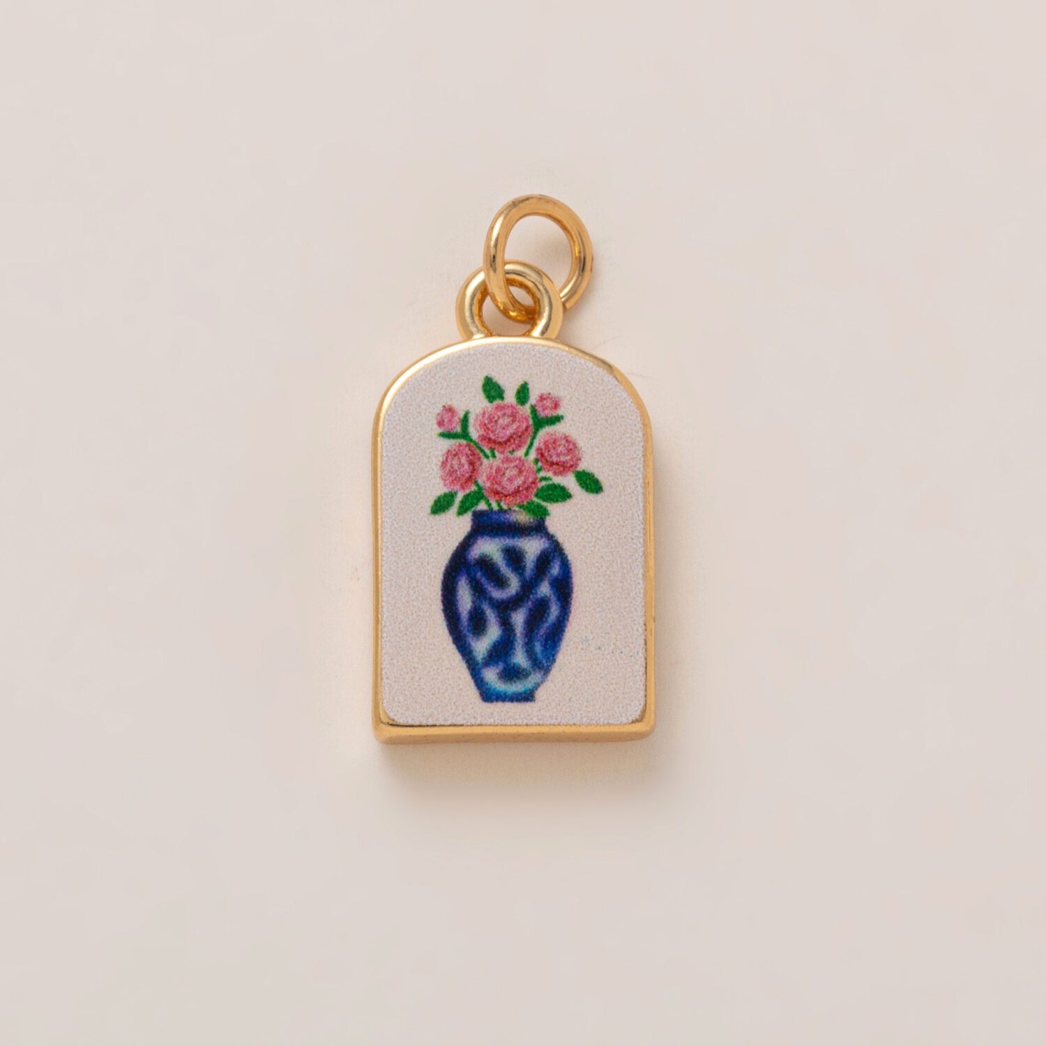 Gold Filled Hand painted Enamel Flower Vase Charm, Stainless Steel Rectangle Pendant with Pink Floral for DIY Necklace Bracelet Jewelry Making, SCP200