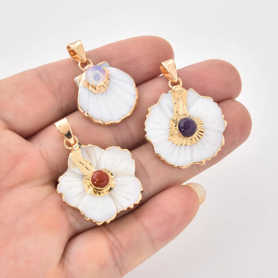 Gold Filled Shell Flower Charm, Natural Mother of Pearl Pendant with Gemstone for DIY Necklace Bracelet Jewelry Making, Ocean Gift CP2332 - Image 3