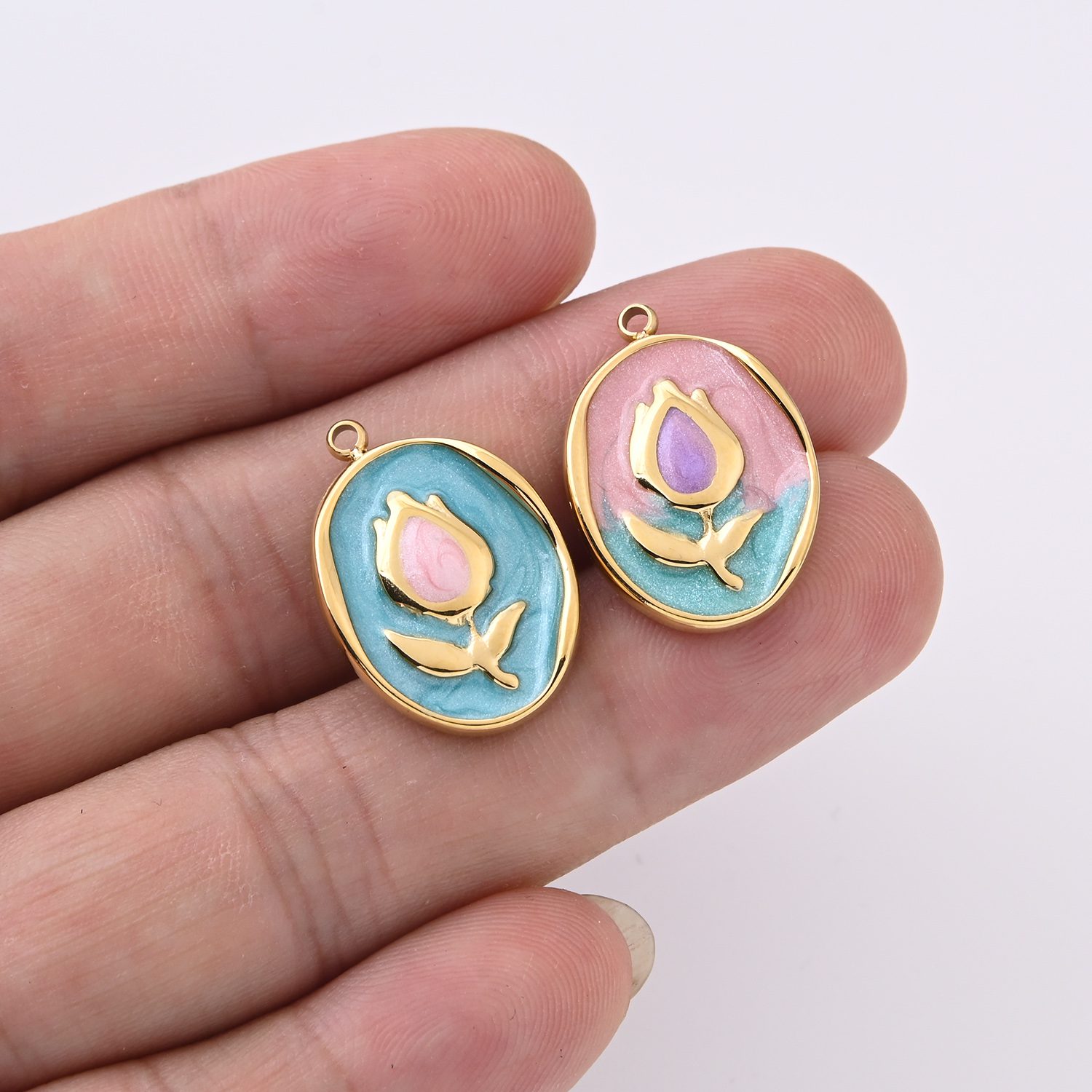 Stainless Steel Floral Enamel Charm, Gold Filled Oval Flower Pendant for DIY Necklace Bracelet Jewelry Making, Colorful Boho Gift, SCP216 - Image 2