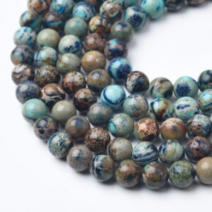 Ocean Blue Brown Jasper Beads 8mm, Natural Imperial Jasper Round Smooth Gemstone Strand for Calming Boho Jewelry Making GRN650