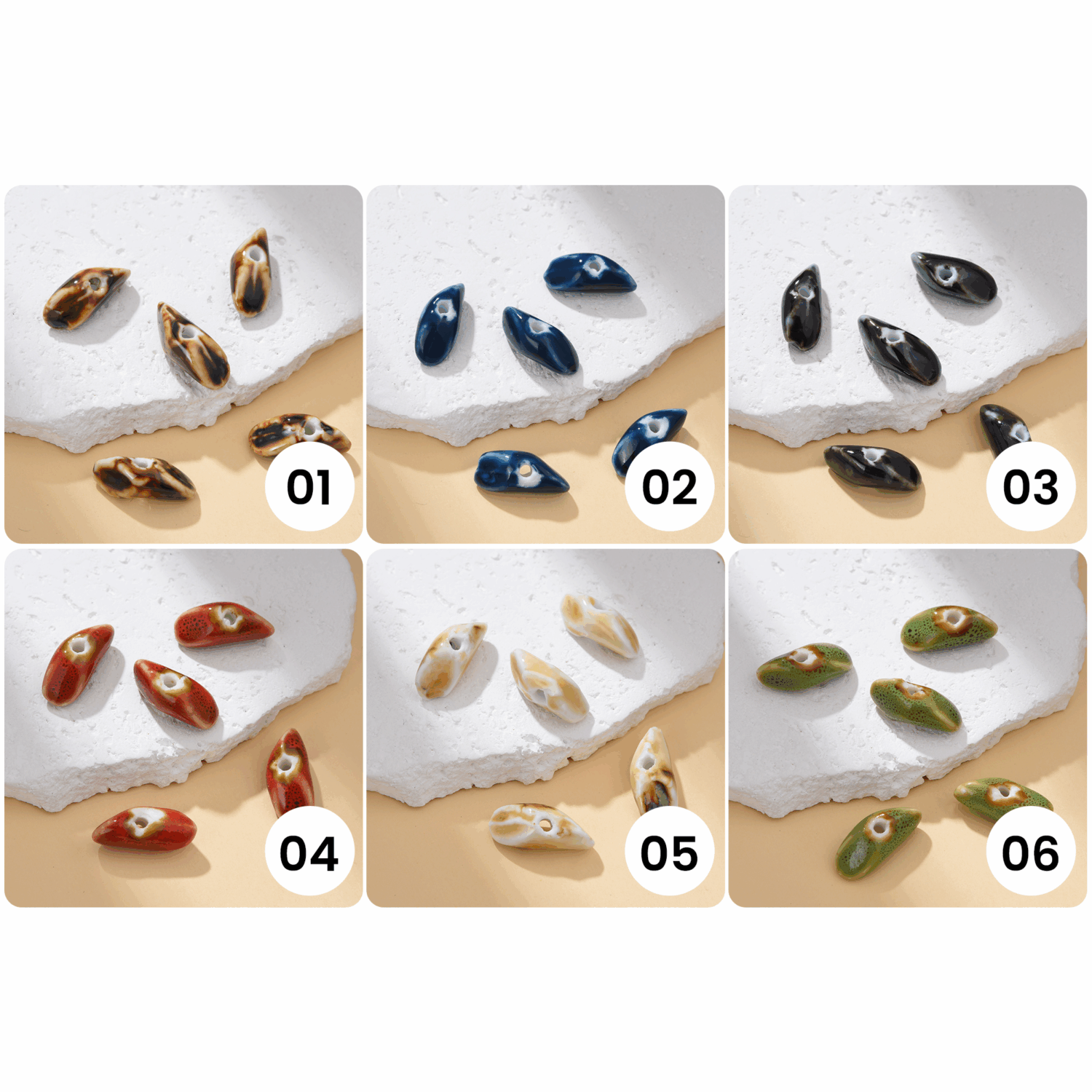 Ceramic Horn Bead Hand-Painted Elongated Clay Bead for DIY Jewelry Making, Unique Spacer Bead for Boho Necklaces & Earrings 20x9mm, ORG253