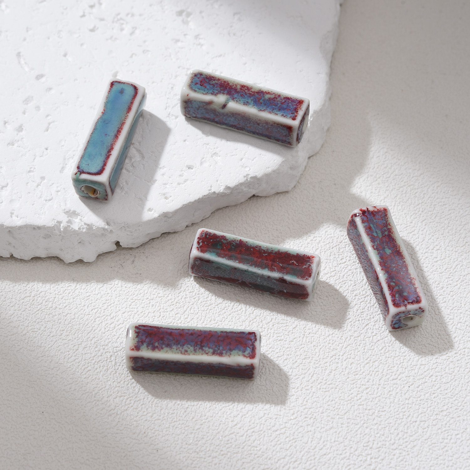 Bar Shaped Ceramic Beads, Hand-Painted Rectangular Clay Beads, Artisan Jewelry Spacer Beads, Modern Boho DIY Craft Supply 23x8mm, ORG270 - Image 3