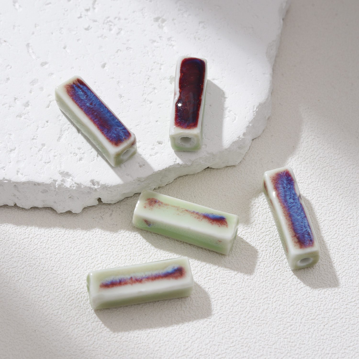 Bar Shaped Ceramic Beads, Hand-Painted Rectangular Clay Beads, Artisan Jewelry Spacer Beads, Modern Boho DIY Craft Supply 23x8mm, ORG270 - Image 6