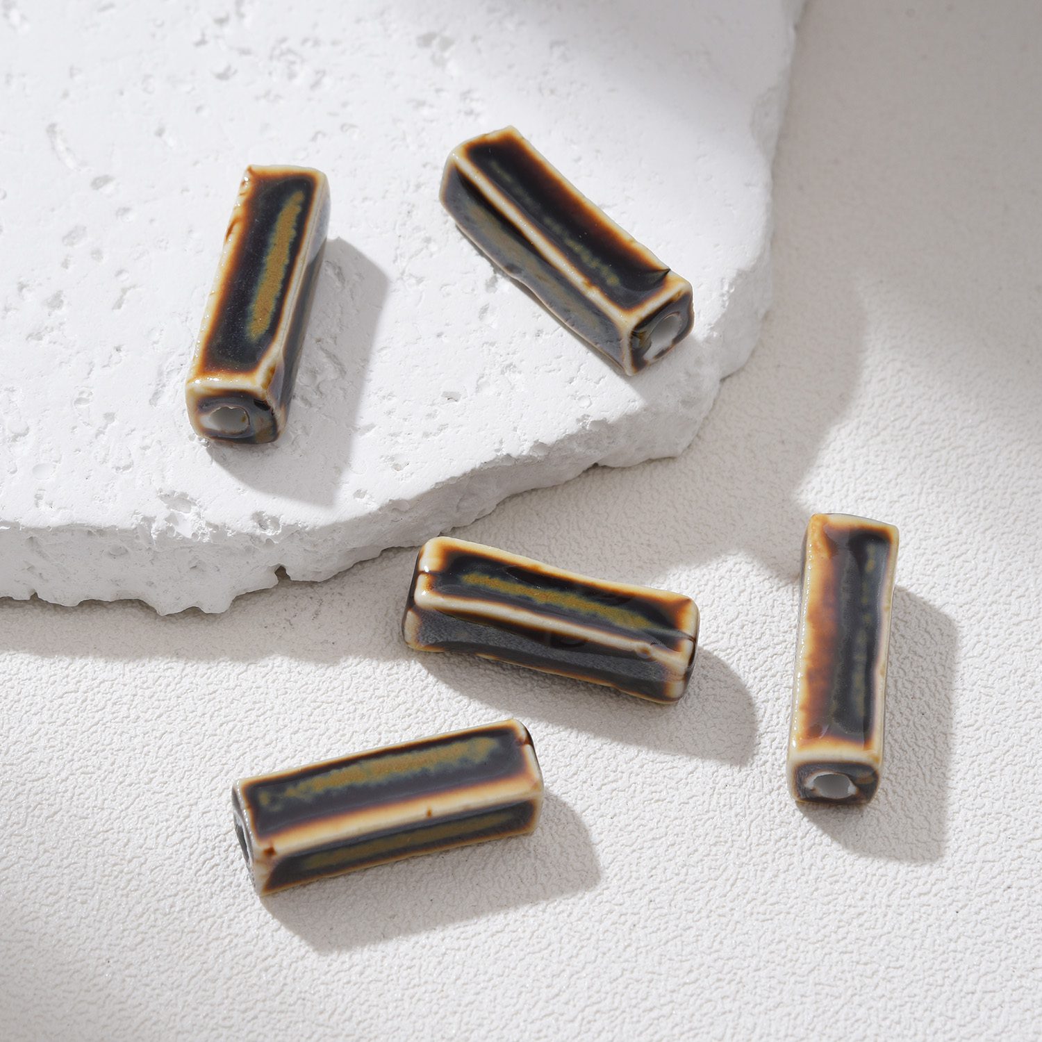 Bar Shaped Ceramic Beads, Hand-Painted Rectangular Clay Beads, Artisan Jewelry Spacer Beads, Modern Boho DIY Craft Supply 23x8mm, ORG270 - Image 5