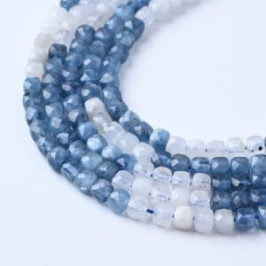 Genuine Moonstone Aquamarine Cube Beads 4x4mm Faceted Natural Gemstone Square Cut Beads for Jewelry Making 15.5" Strand PRP1140