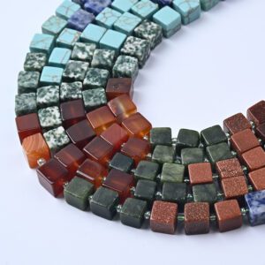 Earth Tone Cube Beads 8mm, Turquoise Aqua Terra Jasper Smooth Gemstone Beads, Healing Crystal Set for Jewelry Making, GRN686