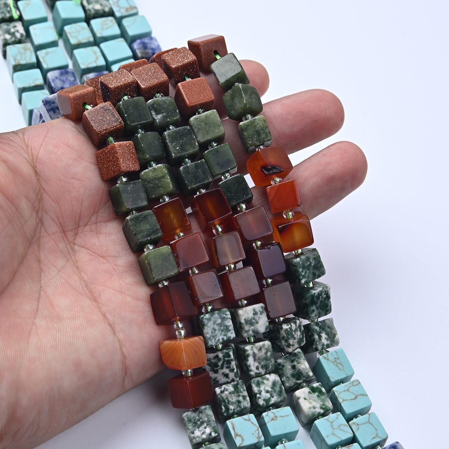 Earth Tone Cube Beads 8mm, Turquoise Aqua Terra Jasper Smooth Gemstone Beads, Healing Crystal Set for Jewelry Making, GRN686 - Image 2