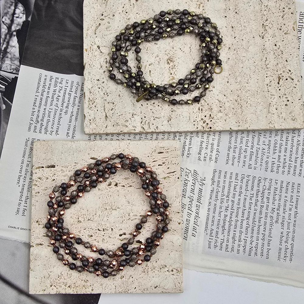 34 Inch Multi Wrap Beaded Bracelet Necklace, Hematite Rose Gold or Pyrite Option, Long Wrap Necklace Bracelet, Layering Jewelry Gift, NL117