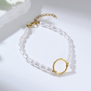 Stainless Steel Freshwater Pearl Bracelet, Gold Filled Round Carabiner Lock Charm Beaded Bracelet for Jewelry Making, Gift for Her, SBR053