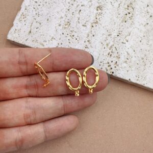 Sterling Silver 925 Oval Stud Earrings with Loop, Gold Tone Hammered Stud Post Findings for DIY Jewelry Making, Minimal Supplies, SS012