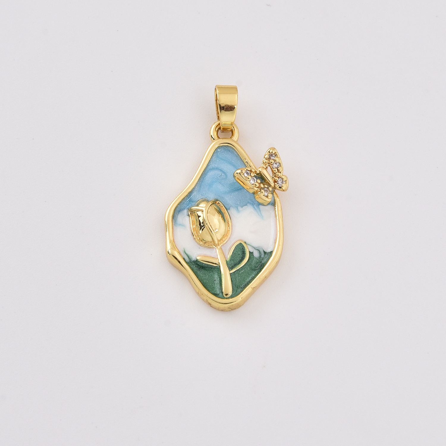 Gold Filled Enamel Flower Pendant with Butterfly, Colorful Floral Charm for DIY Necklace Bracelet Jewelry Making Supplies, Gift, CP2378