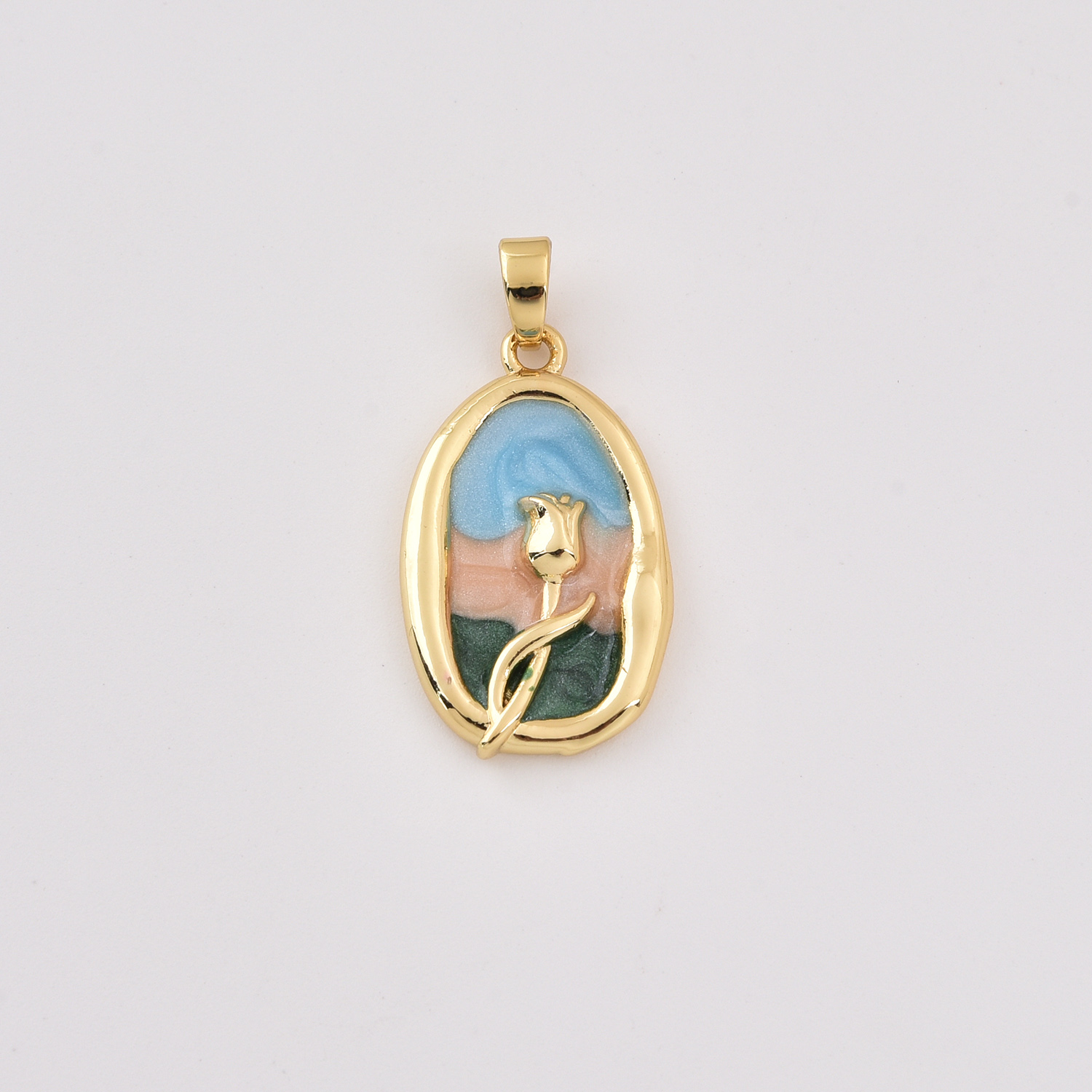 Gold Filled Enamel Flower Pendant, Oval Floral Charm with Soft Pastel Colors for DIY Necklace Bracelet Jewelry Making Supplies, CP2387