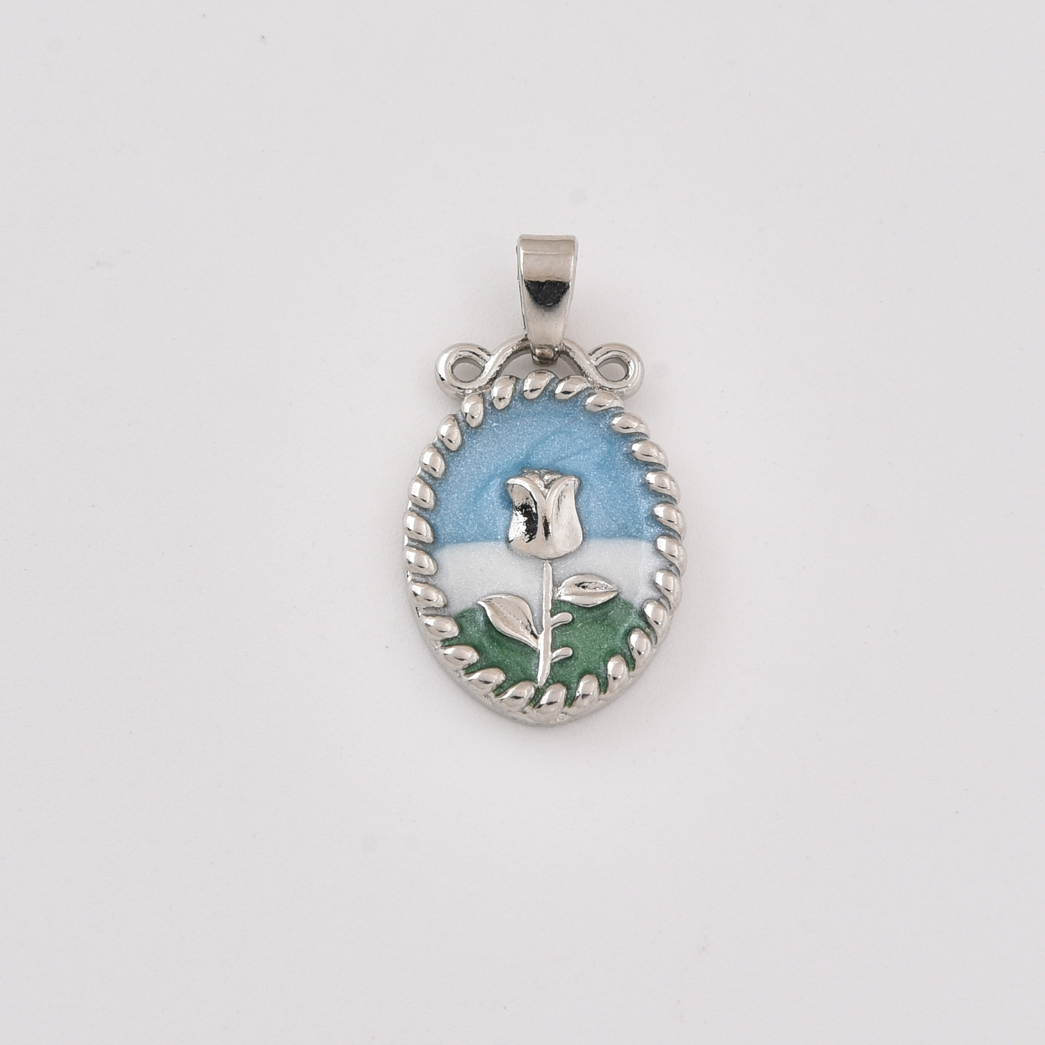Silver Tone Enamel Flower Charm, Oval Floral Pendant with Rope Edge for DIY Necklace Bracelet Jewelry Making Supplies, Gift for Her, CP2391