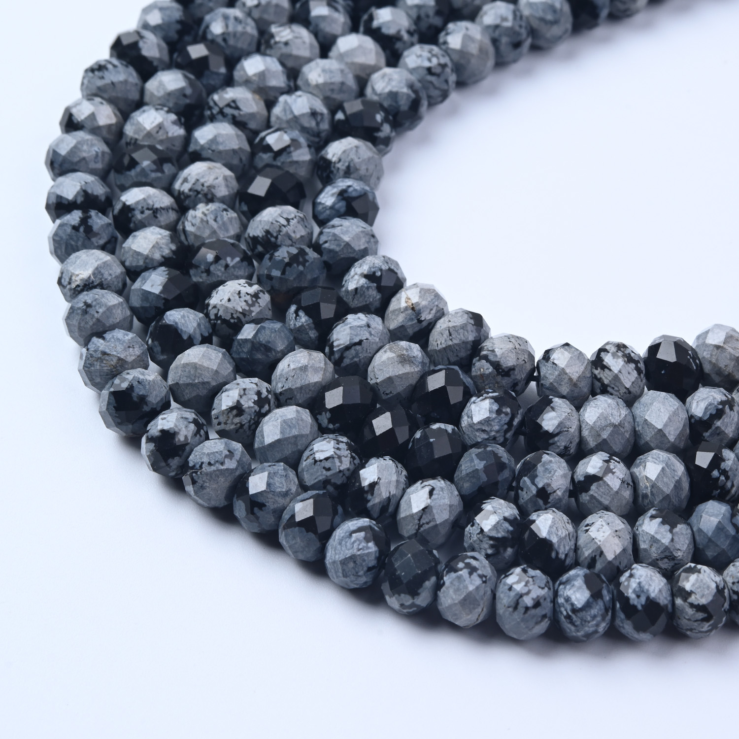 AAA Micro Faceted Round Snow Flake Obsidian Gemstone Beads Natural Black Gray Faceted Round Snow Flake Full Strand 15.5" GRN724