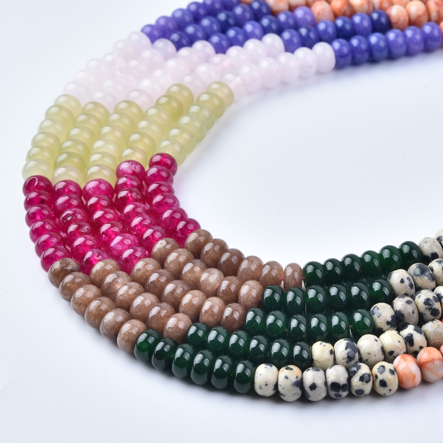 Rose Quartz Amethyst Dalmatian Jasper Green Agate Mix 6mm Smooth Rondelle Gemstone Beads Strand, 15.5in Full Strand, GRN742