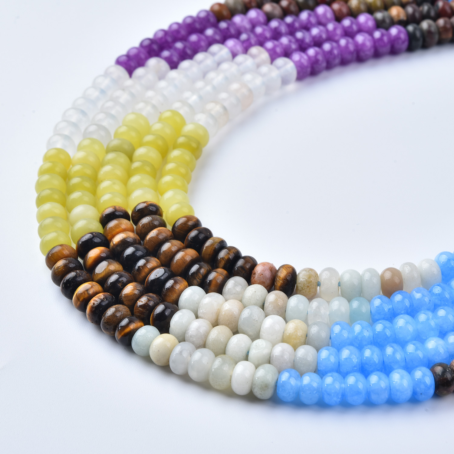 6mm Tiger Eye Amethyst Yellow Jade Blue Quartz White Quartz Mix Smooth Rondelle Gemstone Beads Strand, 15.5in Full Strand, GRN743
