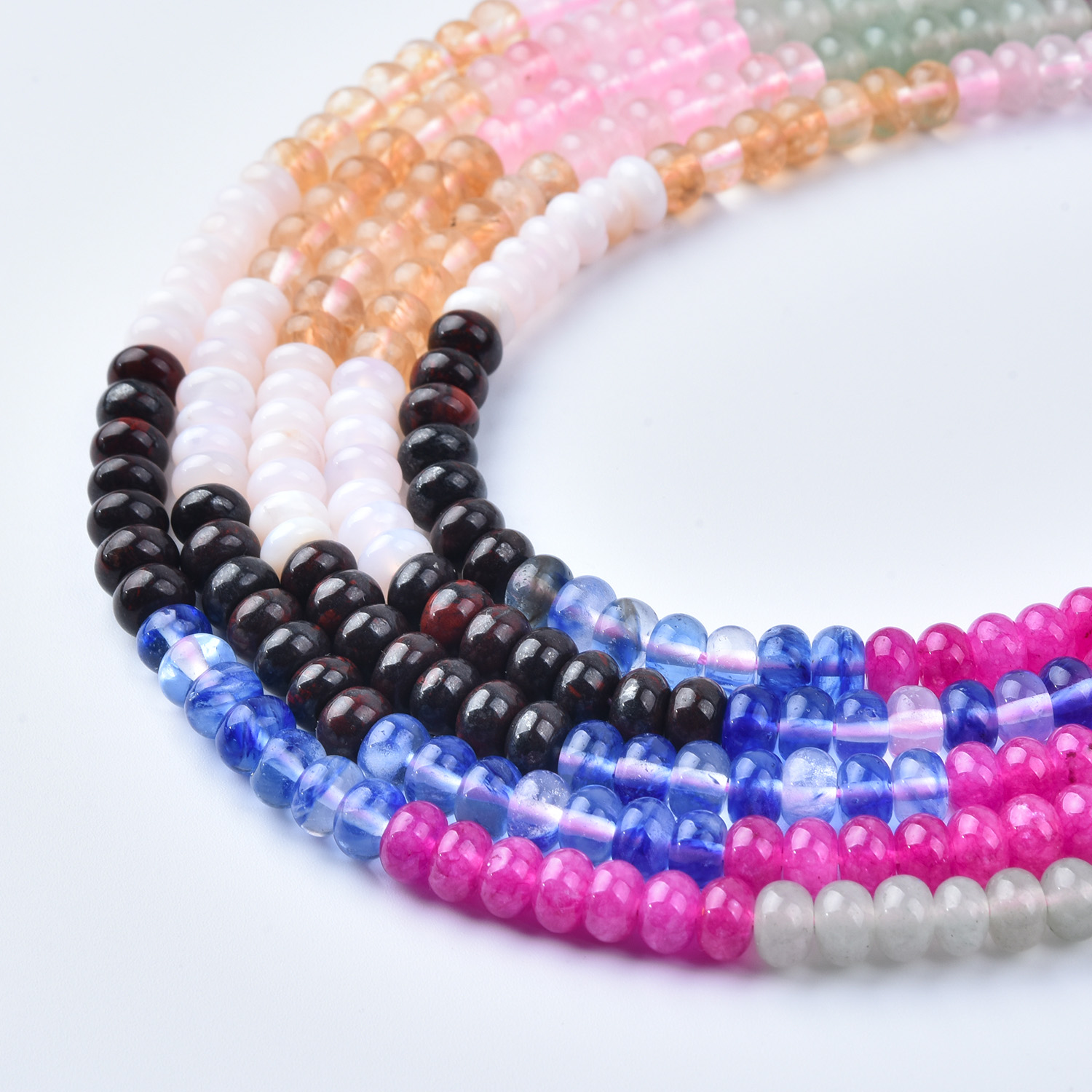 6mm Black Onyx Rose Quartz Pink Agate Blue Quartz Citrine Mix Smooth Rondelle Gemstone Beads Strand, 15.5in Full Strand, GRN744