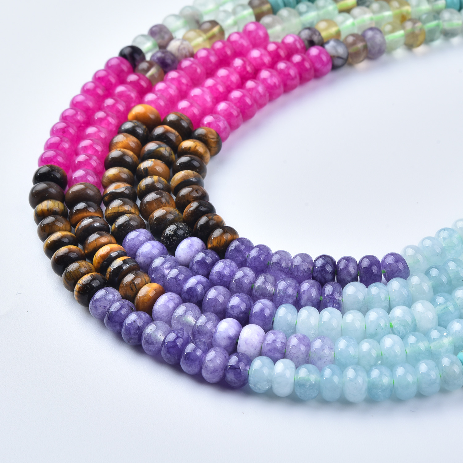 6mm Fluorite Turquoise Tiger Eye Amethyst Aquamarine Pink Agate Mix Smooth Rondelle Gemstone Beads Strand, 15.5in Full Strand, GRN748