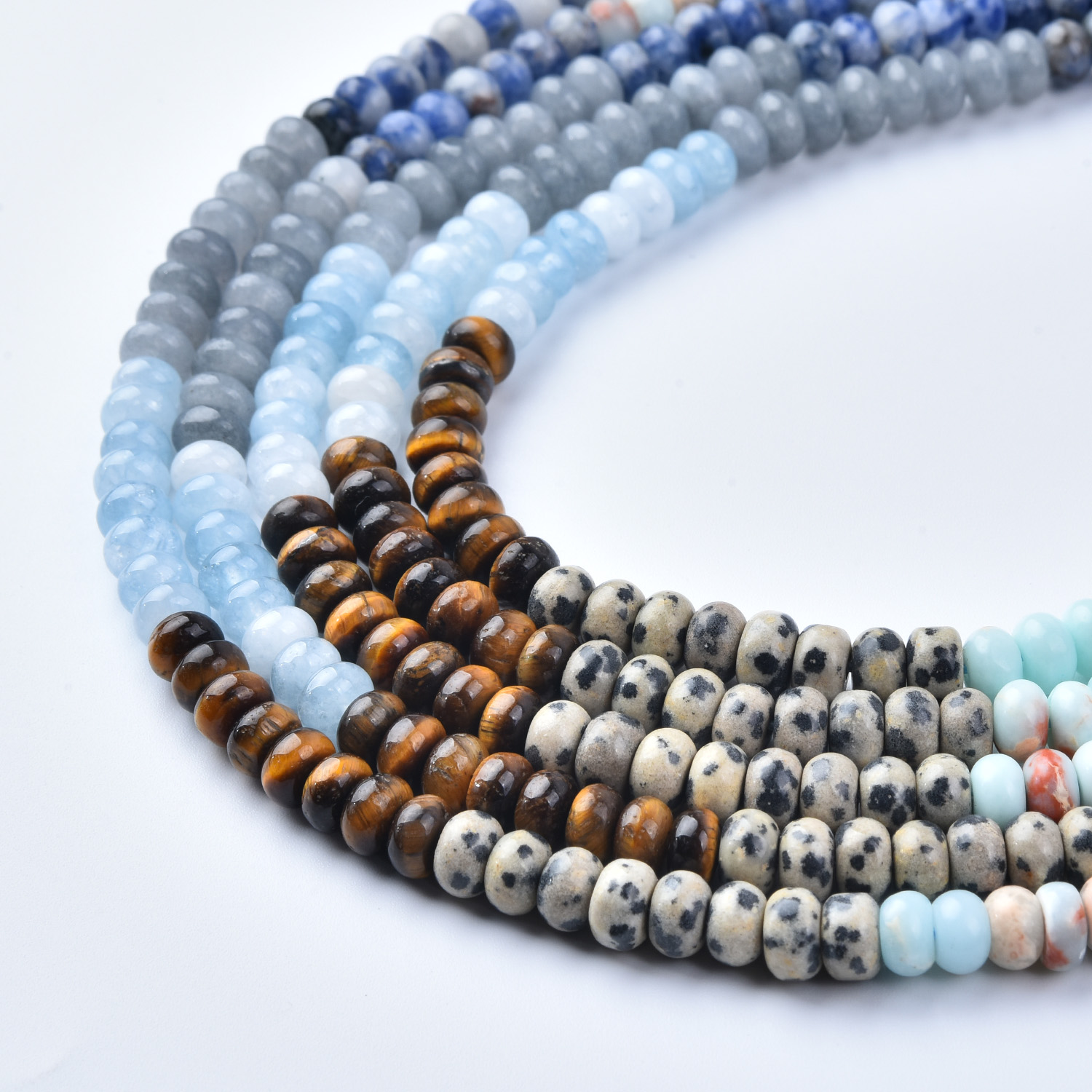 6mm Smooth Aquamarine Sodalite Dalmatian Jasper Tiger Eye Mix Rondelle Gemstone Beads Strand, 15.5in Full Strand, GRN751