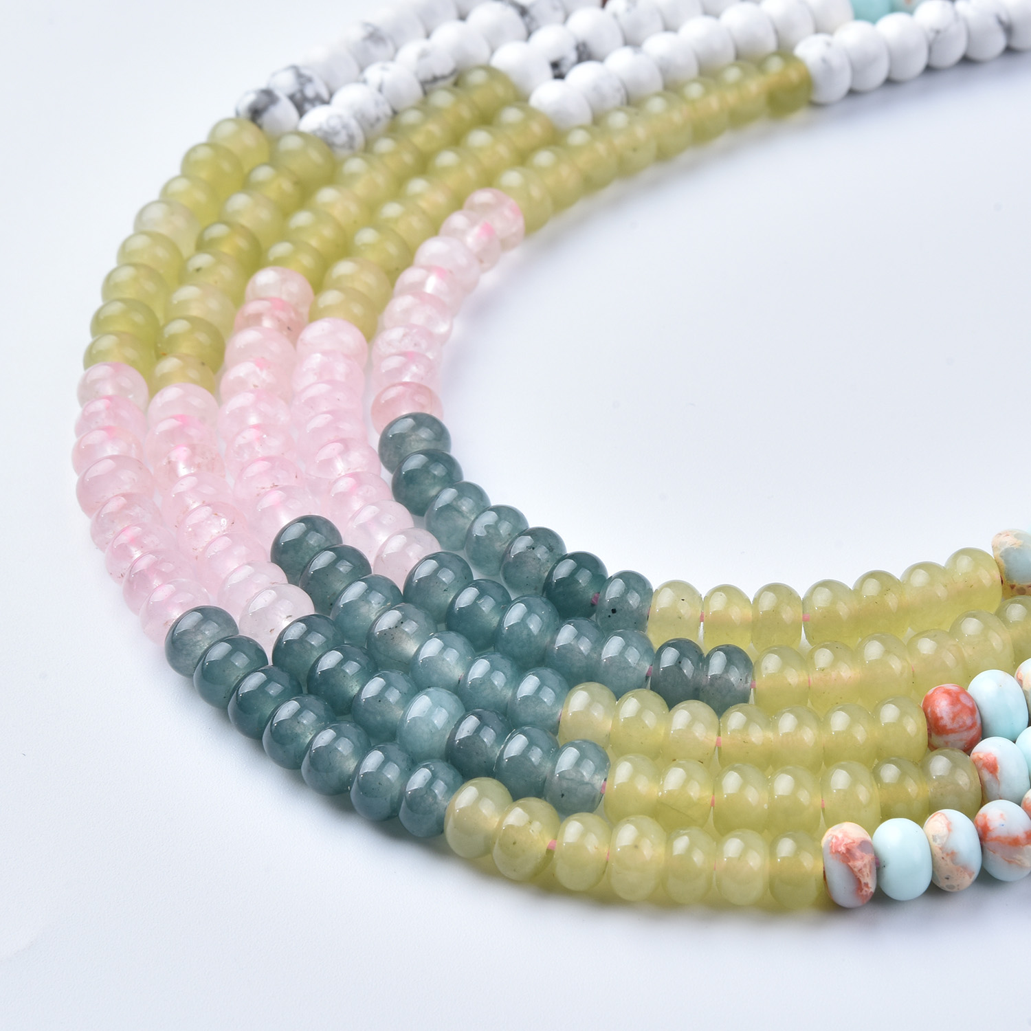 6mm Smooth Rose Quartz Howlite Yellow Jade Moss Agate Aqua Jasper Mix Rondelle Gemstone Beads Strand, 15.5in Full Strand, GRN752