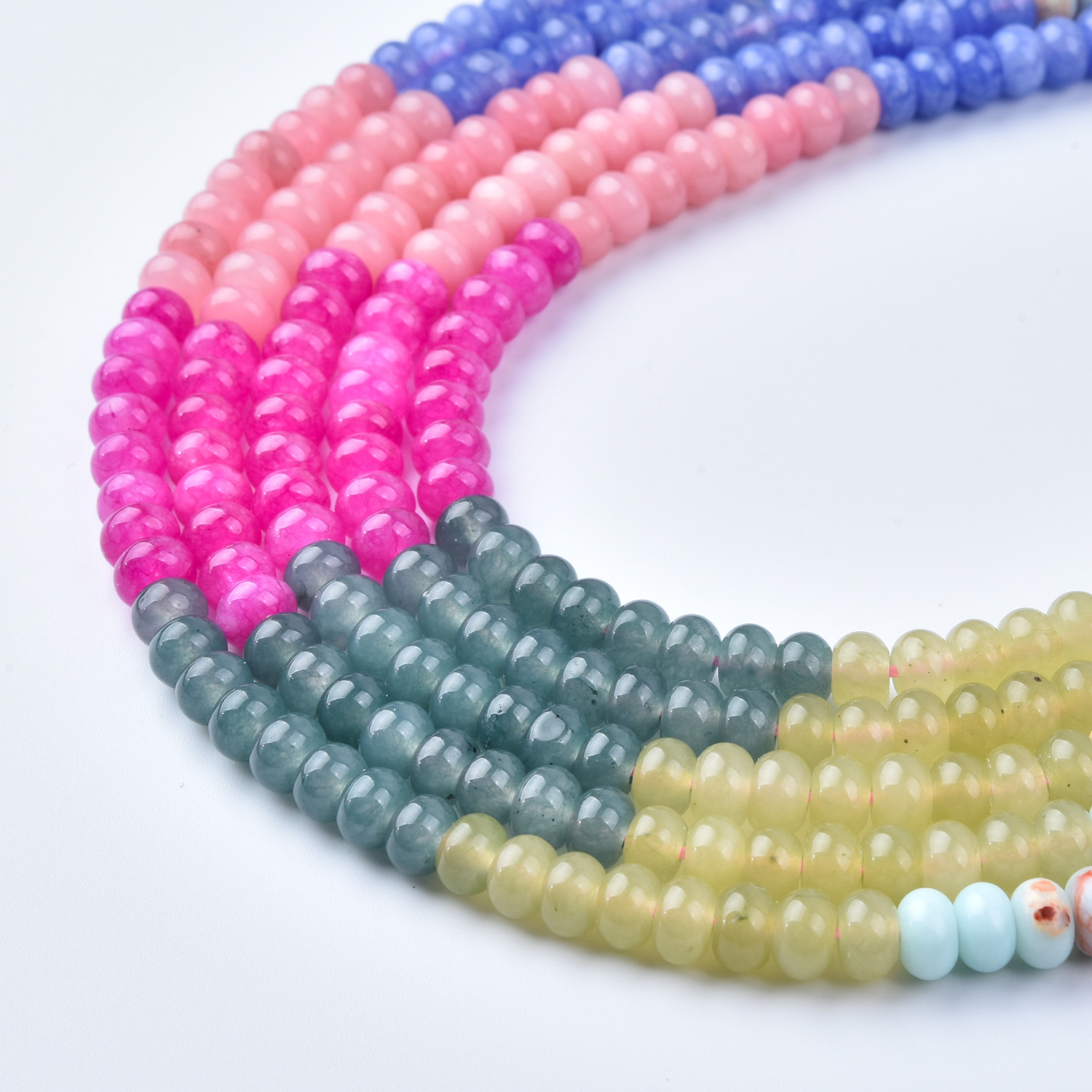 6mm Smooth Pink Agate Blue Quartz Yellow Jade Moss Agate Aqua Jasper Mix Rondelle Gemstone Beads Strand, 15.5in Full Strand, GRN753