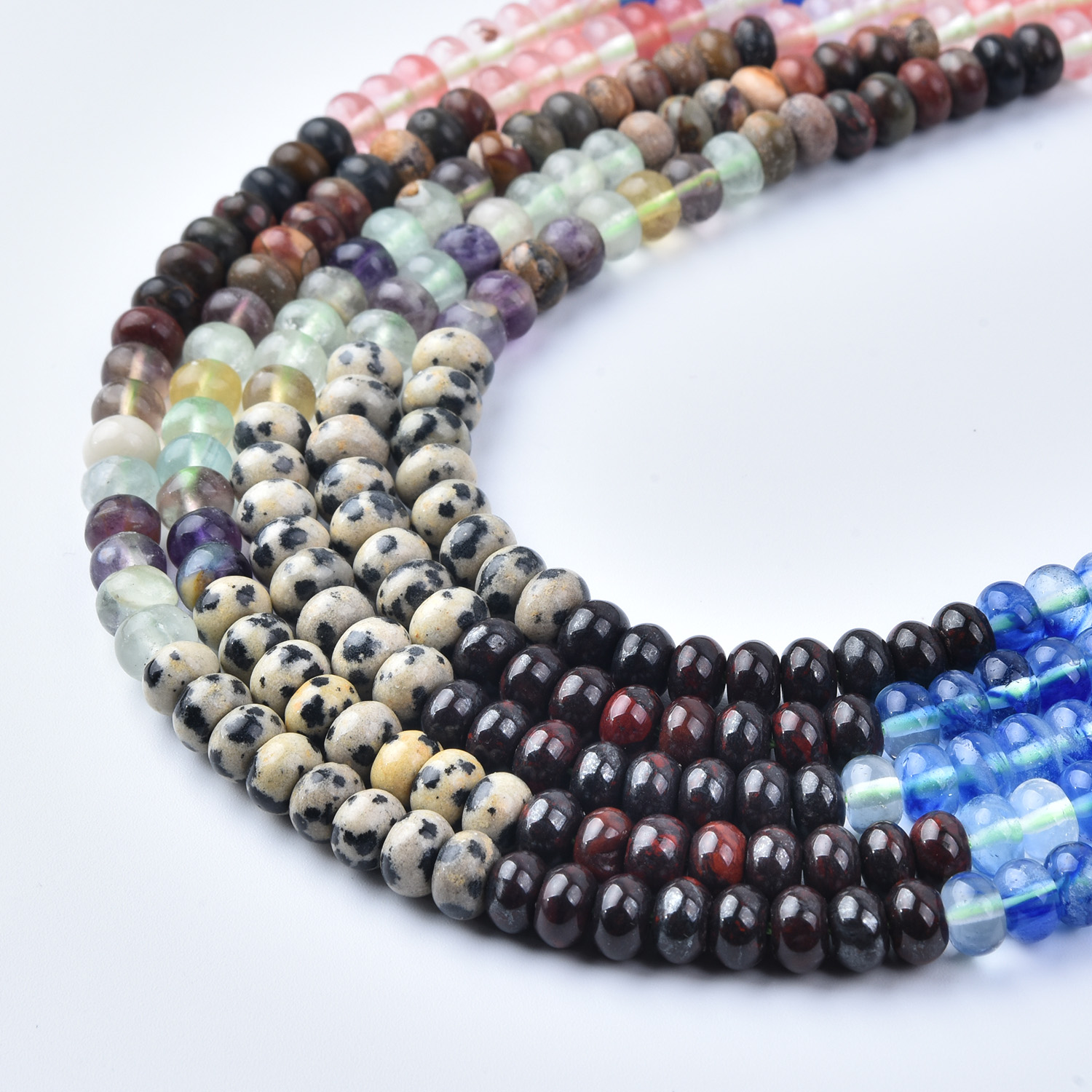 6mm Smooth Dalmatian Jasper Fluorite Blue Quartz Cherry Quartz Mix Rondelle Gemstone Beads Strand, 15.5in Full Strand, GRN754