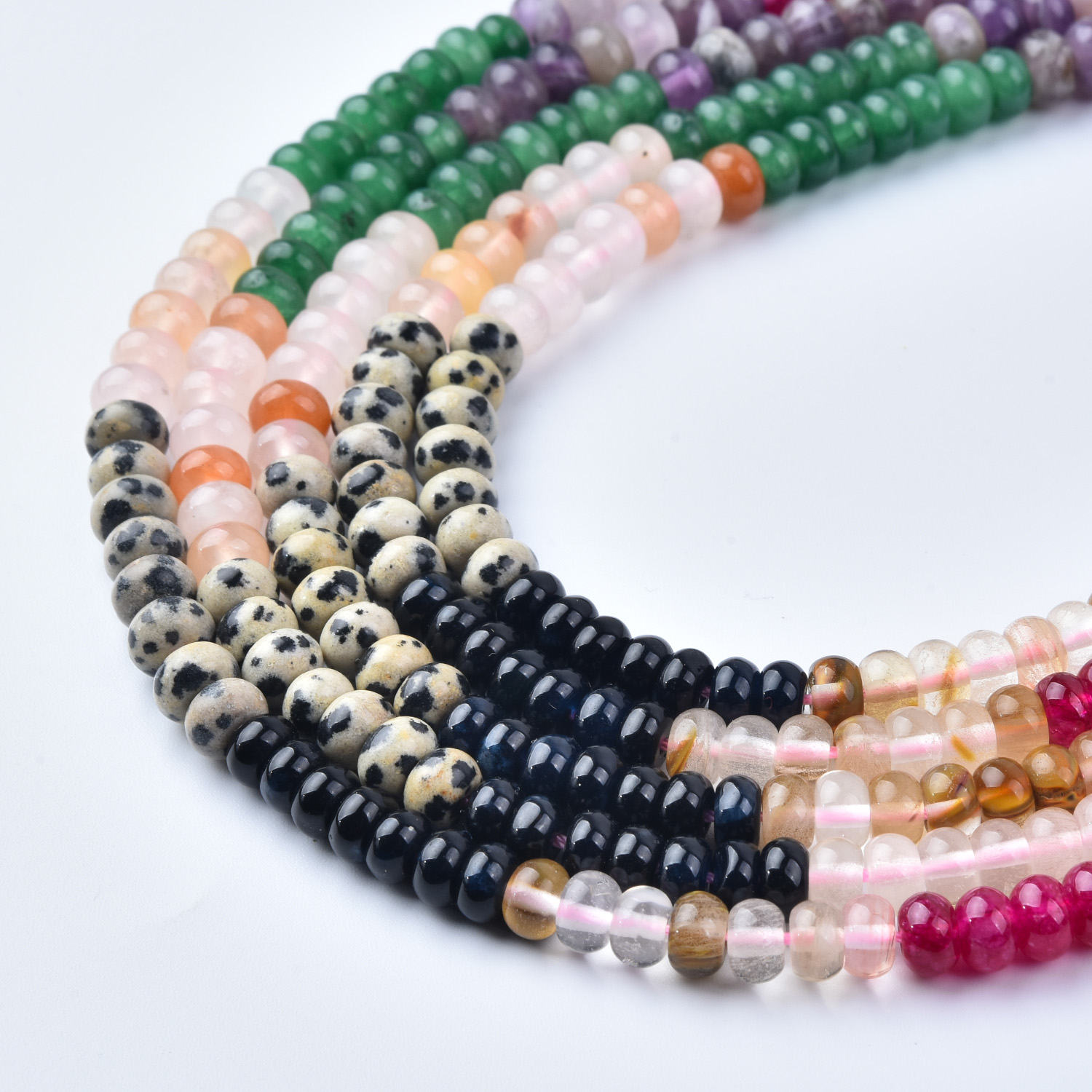 6mm Dalmatian Jasper Onyx Aventurine Amethyst Rose Quartz Mix Smooth Rondelle Gemstone Beads Strand, 15.5in Full Strand, GRN756