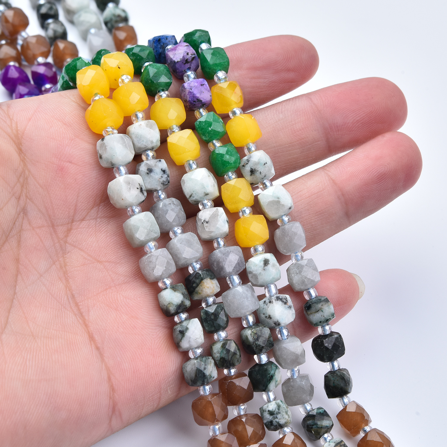 7mm Smooth Cube Cut Mixed Gemstone Beads Strand, Earth Tone Gemstones, Aventurine Amethyst Sodalite Jasper, Jewelry Making Supplies GRN758 - Image 2