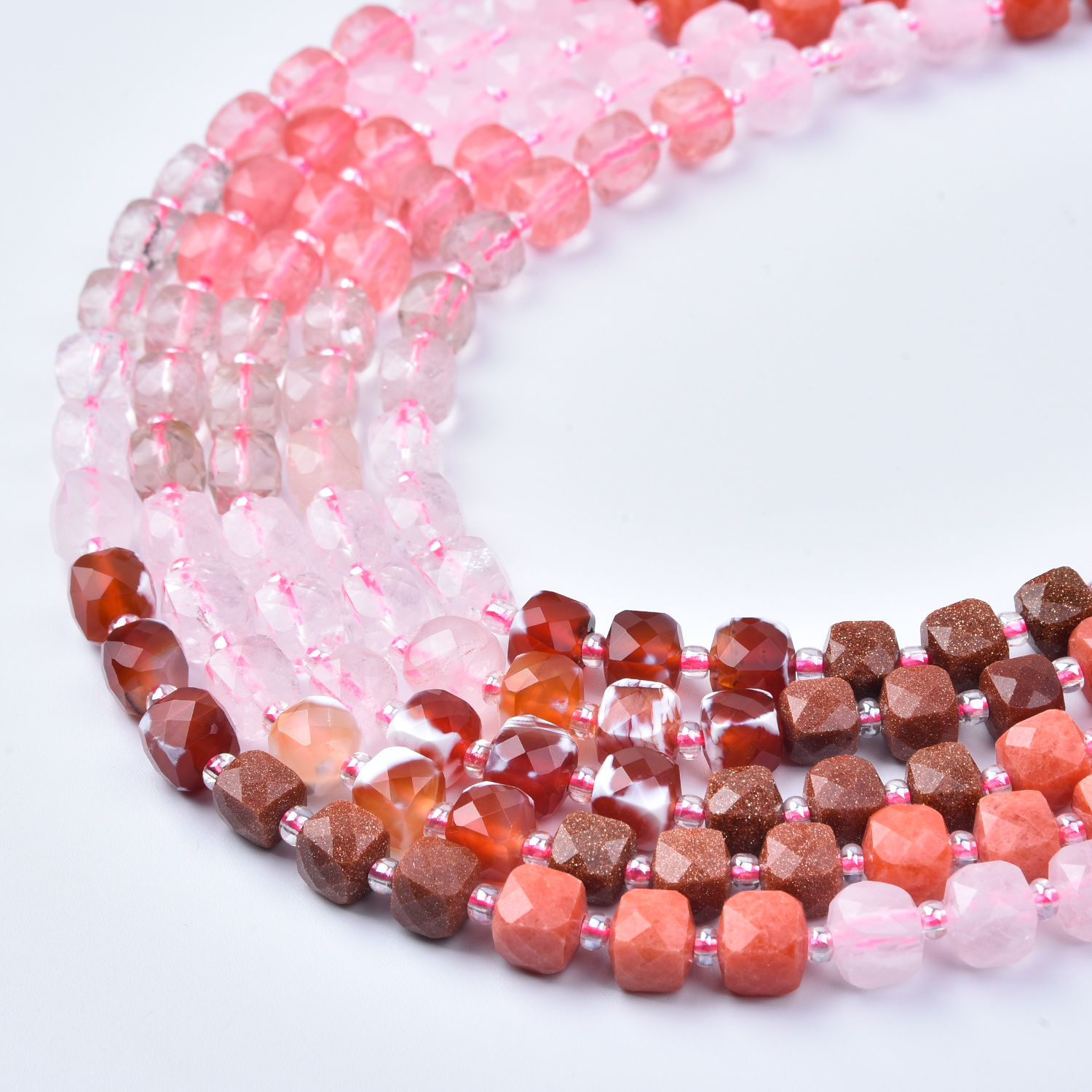 7mm Pink Earth Tone Stones Smooth Cube Cut Mixed Gemstone Beads Strand, Rose Quartz Carnelian Jasper Agate,  Jewelry Making Supplies GRN760