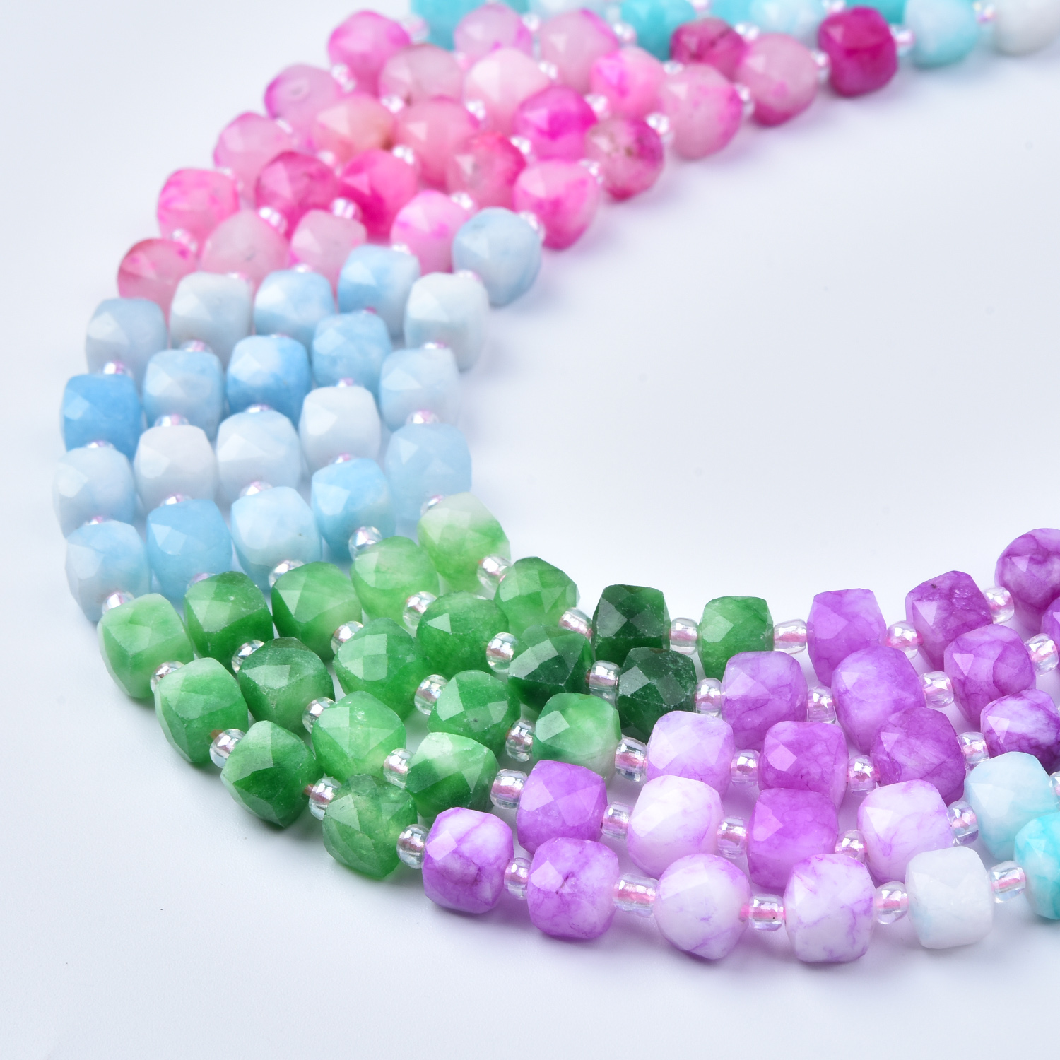7mm Smooth Aventurine Quartz Amethyst Cube Cut Mixed Gemstone Beads Strand Pastel Rainbow Natural Stones,  Jewelry Making Supplies GRN765