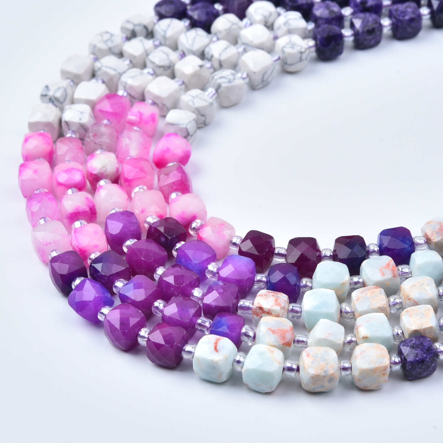 7mm Smooth Amethyst Quartz Howlite Cube Cut Mixed Gemstone Beads Strand, Purple Pink Natural Stones, Jewelry Making Supplies GRN766