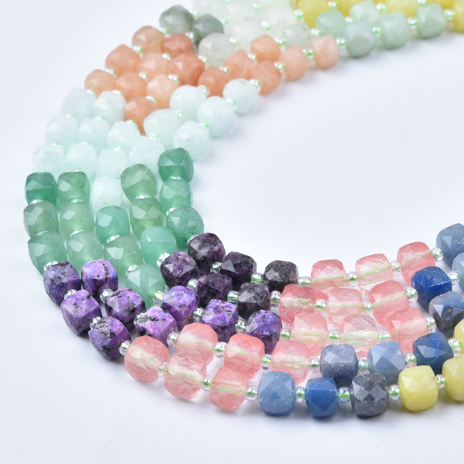 7mm Aventurine Quartz Moonstone Jasper, Multicolor Pastel Cube Beads, Smooth Cube Cut Gemstone Beads Strand Jewelry Making Supplies GRN770