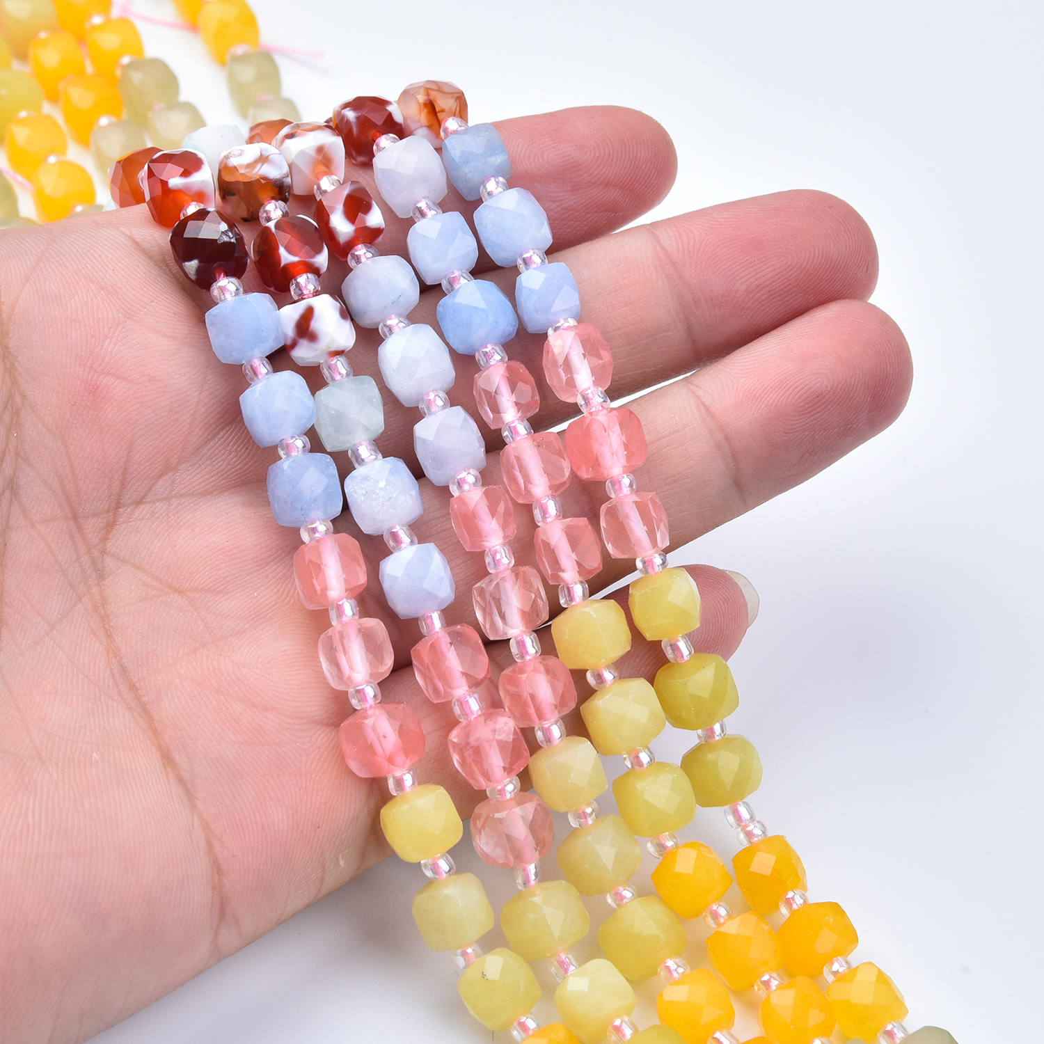 7mm Colorful Pastel Cube Beads Smooth Cube Cut Gemstone Yellow Quartz Carnelian Red Jasper Blue Quartz Beads Strand GRN773 - Image 2