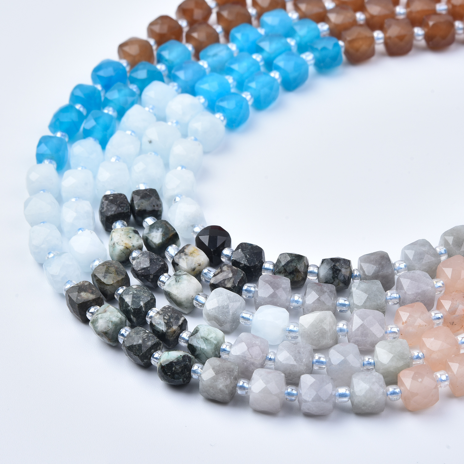 7mm Blue Brown Neutral Cube Beads Aqua Quartz Moonstone Jasper Quartz, Jewelry Making Supplies Smooth Cube Cut Gemstone Beads Strand GRN775
