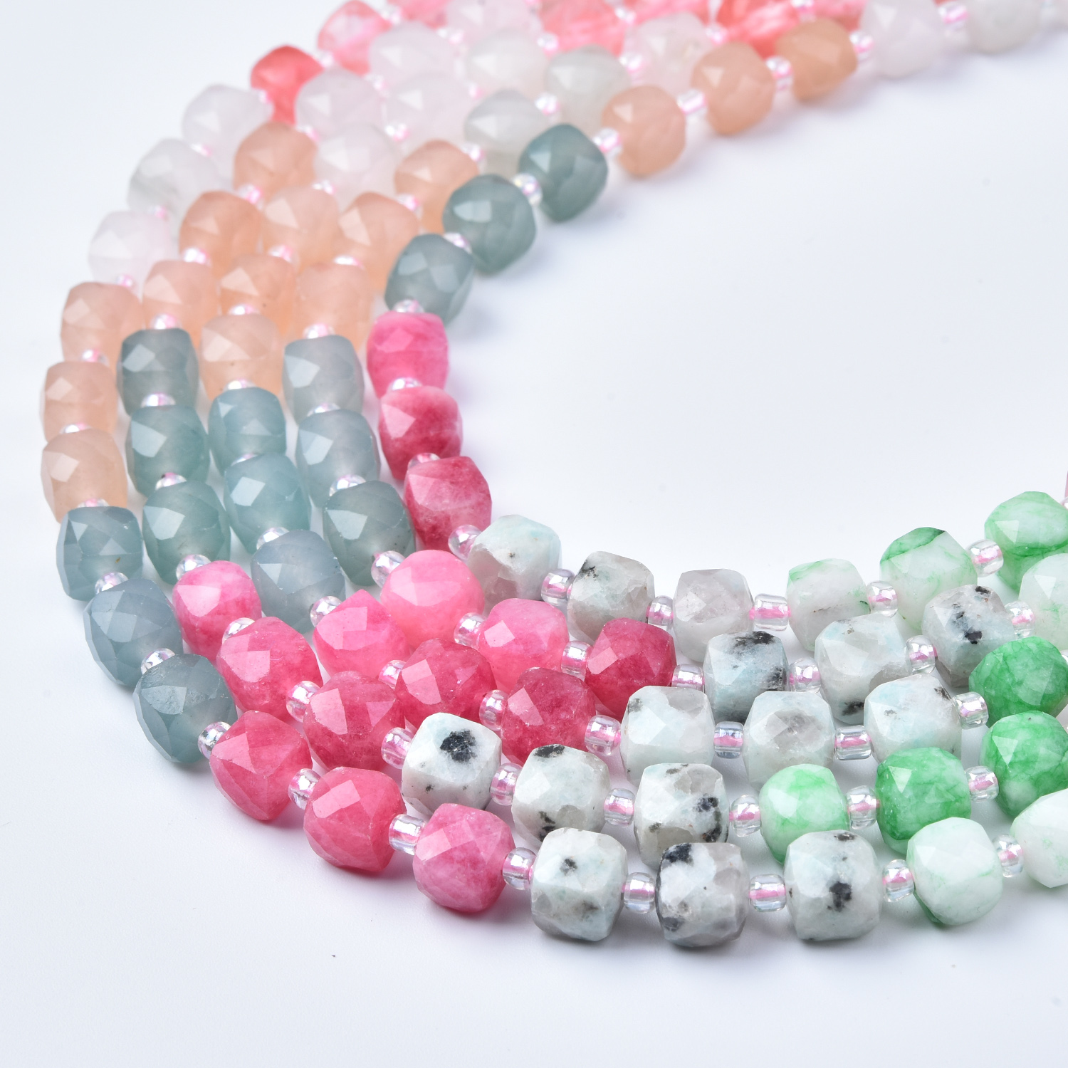 Multi Color Quartz Cube Beads 7mm, Smooth Faceted Gemstone Bead Strand, Pink Green Blue Quartz Mix, Jewelry Making Supplies, 15.5” GRN782