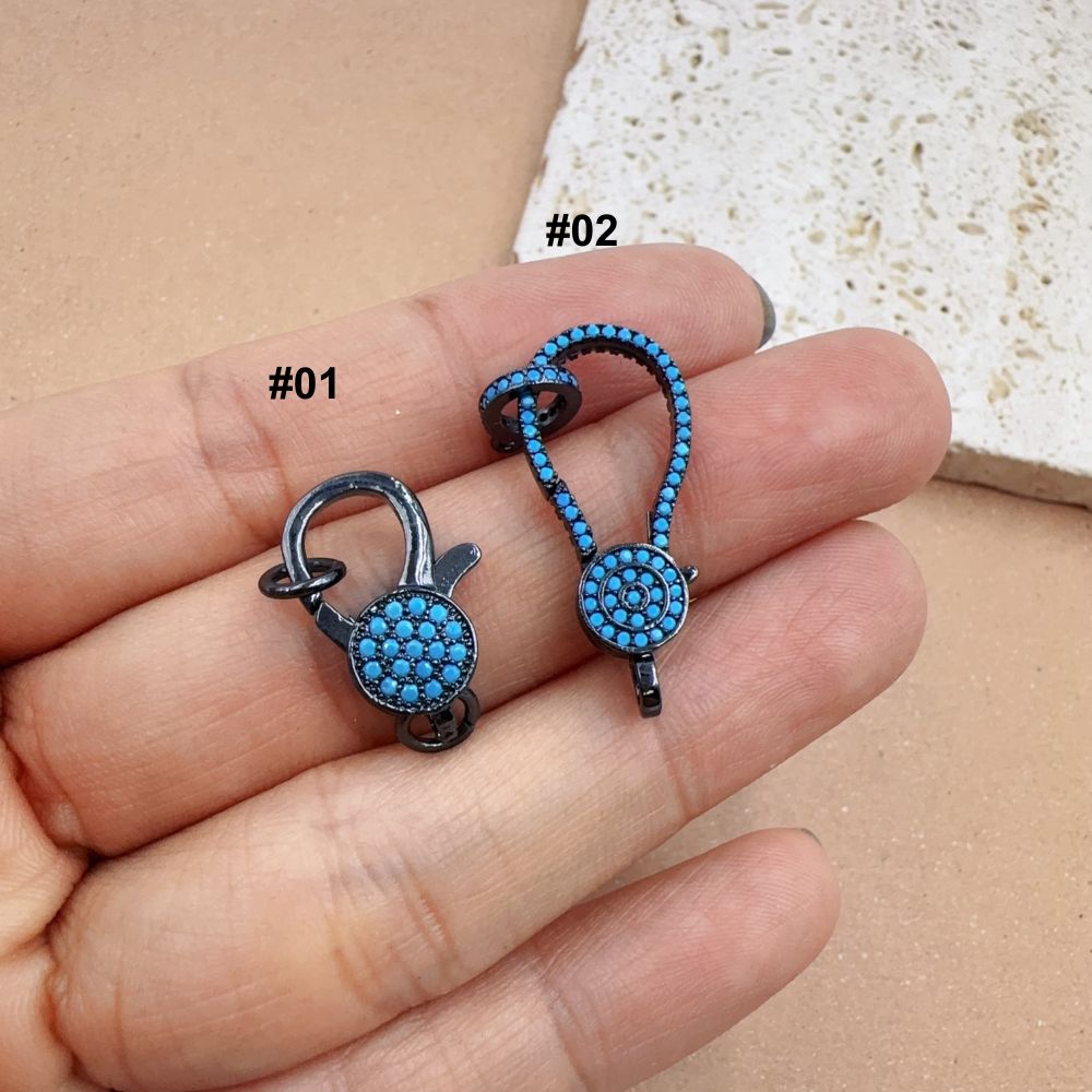 Turquoise CZ Pave Lobster Clasp Hook, Black Gunmetal Jewelry Clasps for DIY Necklace Bracelet Jewelry Making, Crystal Findings, Lot014