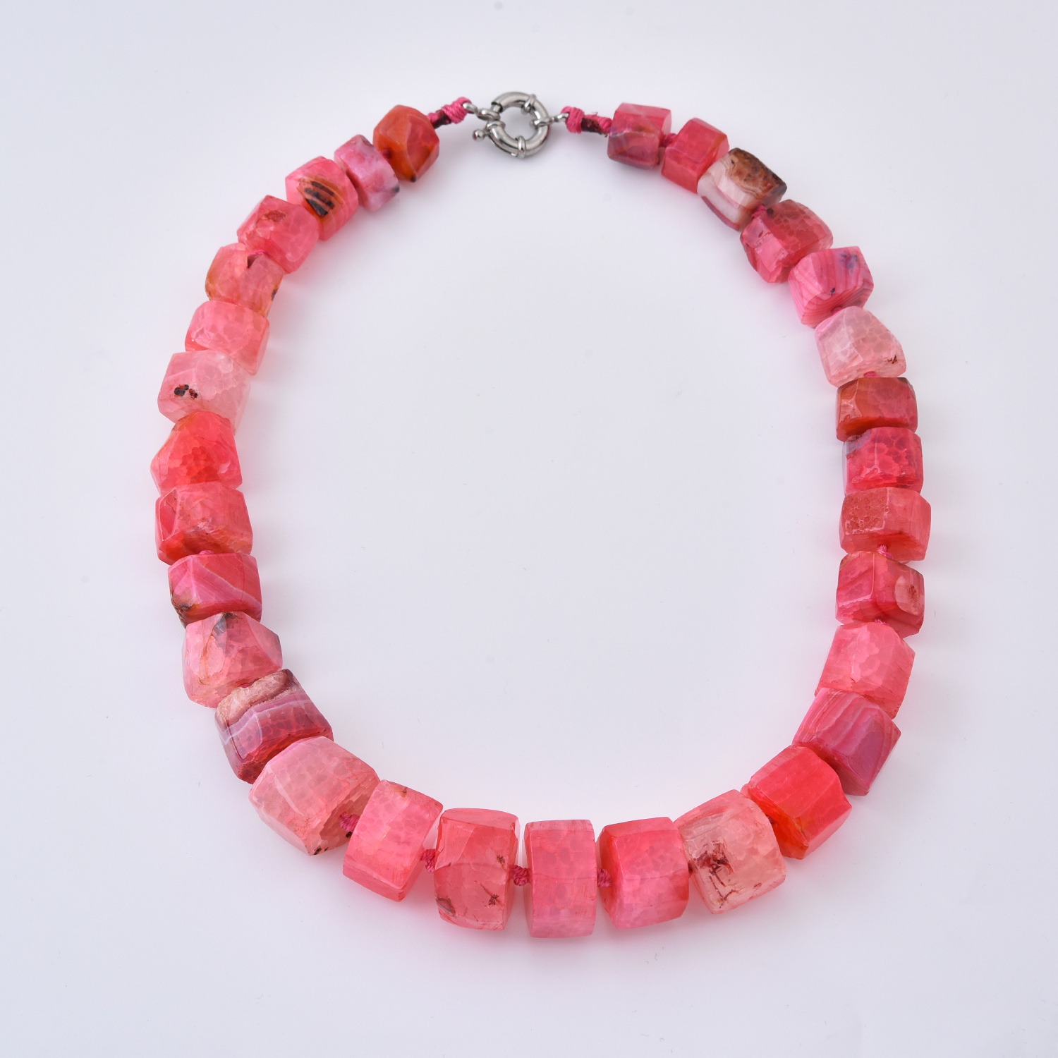 Pink Agate Gemstone Cube Necklace, Chunky Beaded Statement Necklace with Faceted Natural Stone Beads, Handmade Colorful Jewelry, Gift, NL118