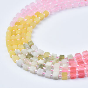 Pastel Rose Pink Yellow Green Natural Stone Mixed Quartz 4mm Smooth Cube Bead Strand GRN787