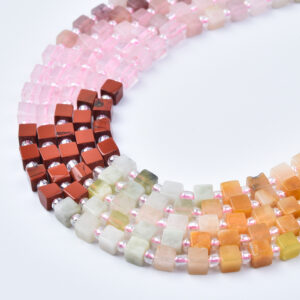 4mm Rose Quartz, Yellow Jade, Green Aventurine & Red Jasper Mixed Gemstone Cube Beads Strand, Jewelry Making, 15.5” GRN791