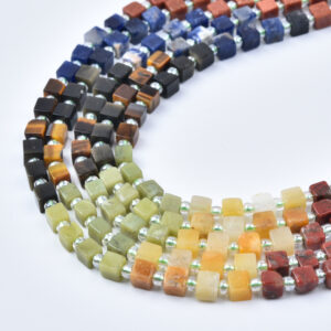4mm Mixed Gemstone Cube Beads Strand with Sodalite, Tiger Eye, Jasper, Aventurine & Quartz GRN793